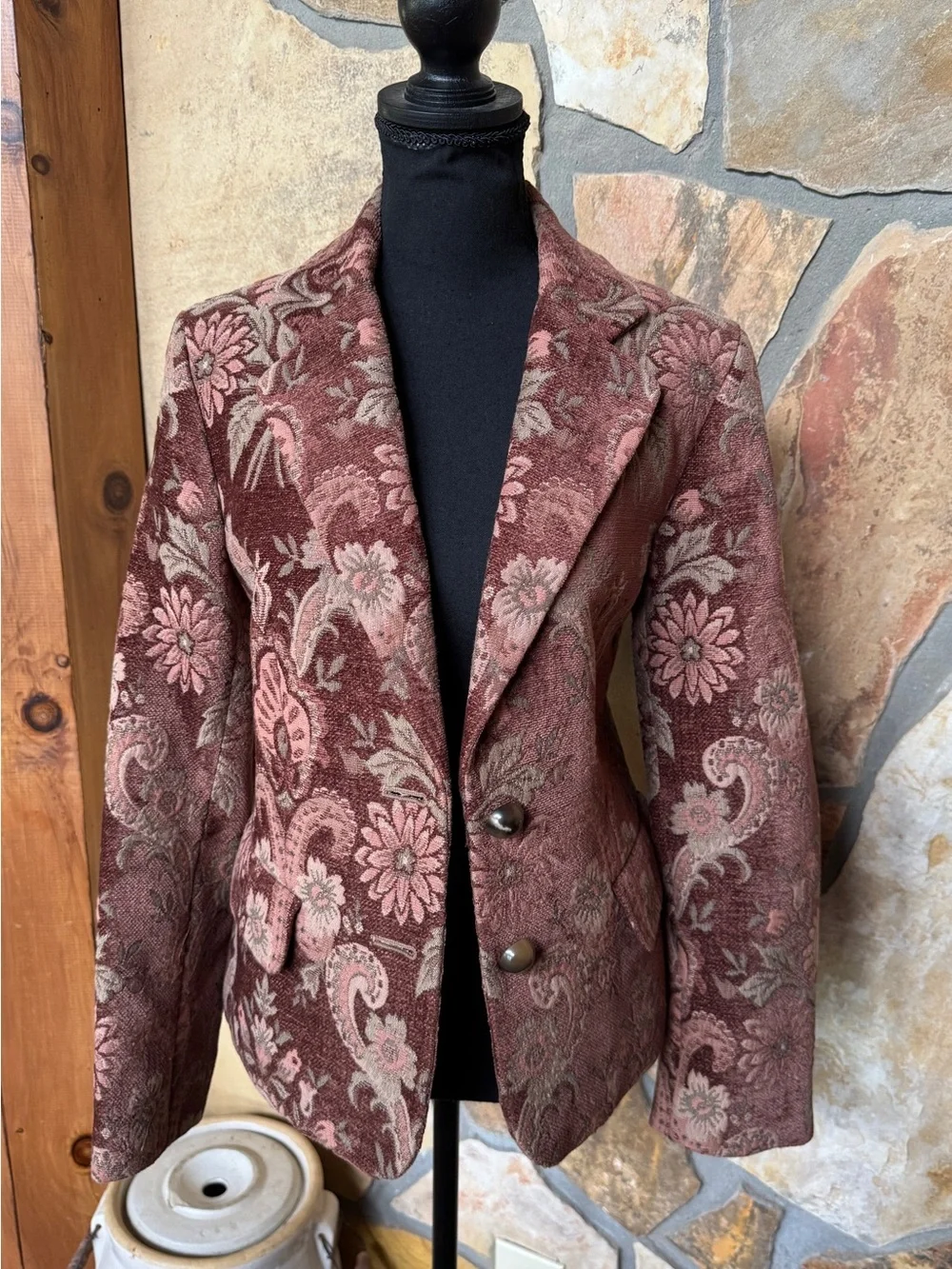 Tapestry Brocade KASPER Blazer Jacket Mauve-Brown Floral Paisley Pattern Size 12